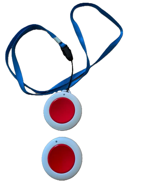 SOS pendant on a blue lanyard and a matching SOS button