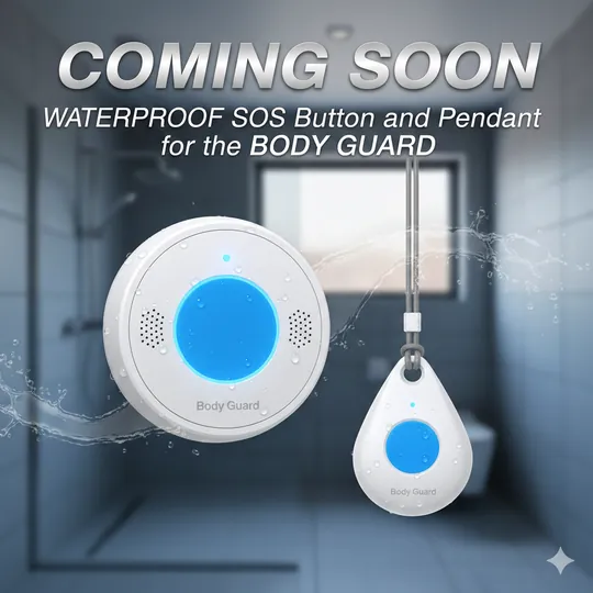 Waterproof SOS button and teardrop pendant in a bathroom
